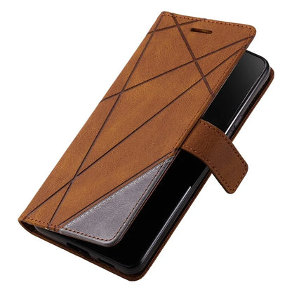 For iPhone 16 Plus Case Imprinted Lines PU Leather Splicing Wallet Phone Cover