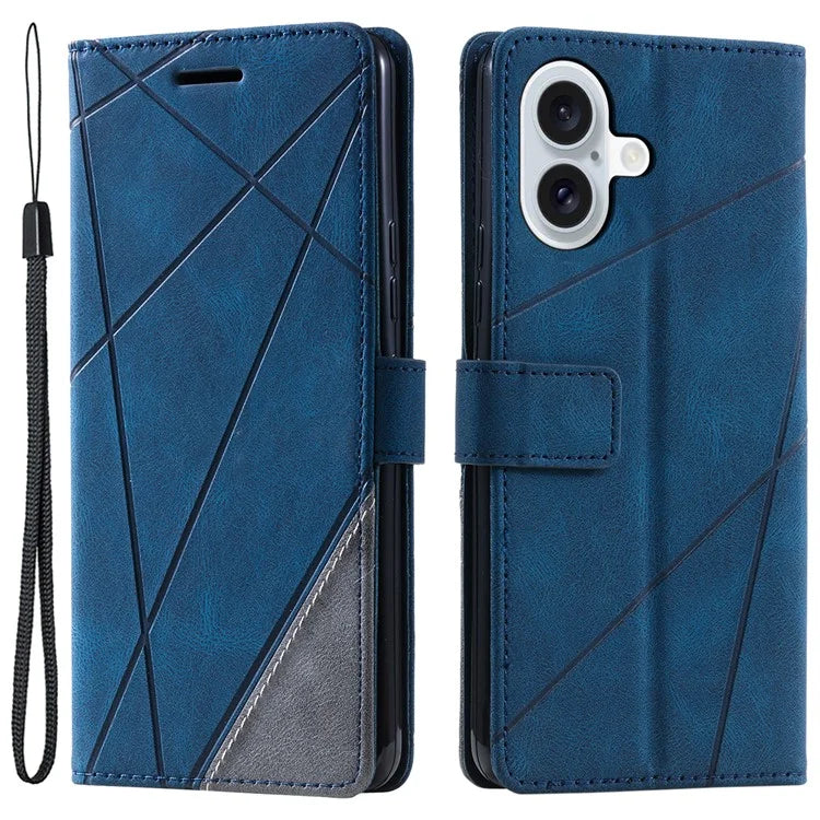 For iPhone 16 Plus Case Imprinted Lines PU Leather Splicing Wallet Phone Cover
