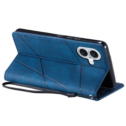 For iPhone 16 Plus Case Imprinted Lines PU Leather Splicing Wallet Phone Cover