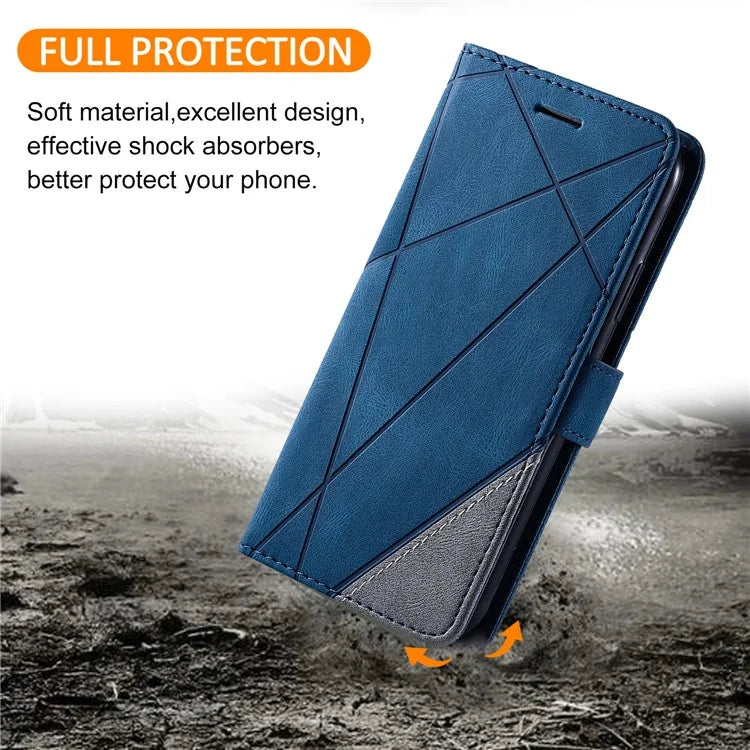 For iPhone 16 Plus Case Imprinted Lines PU Leather Splicing Wallet Phone Cover