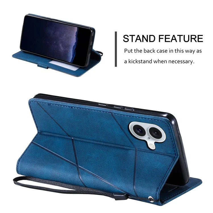 For iPhone 16 Plus Case Imprinted Lines PU Leather Splicing Wallet Phone Cover