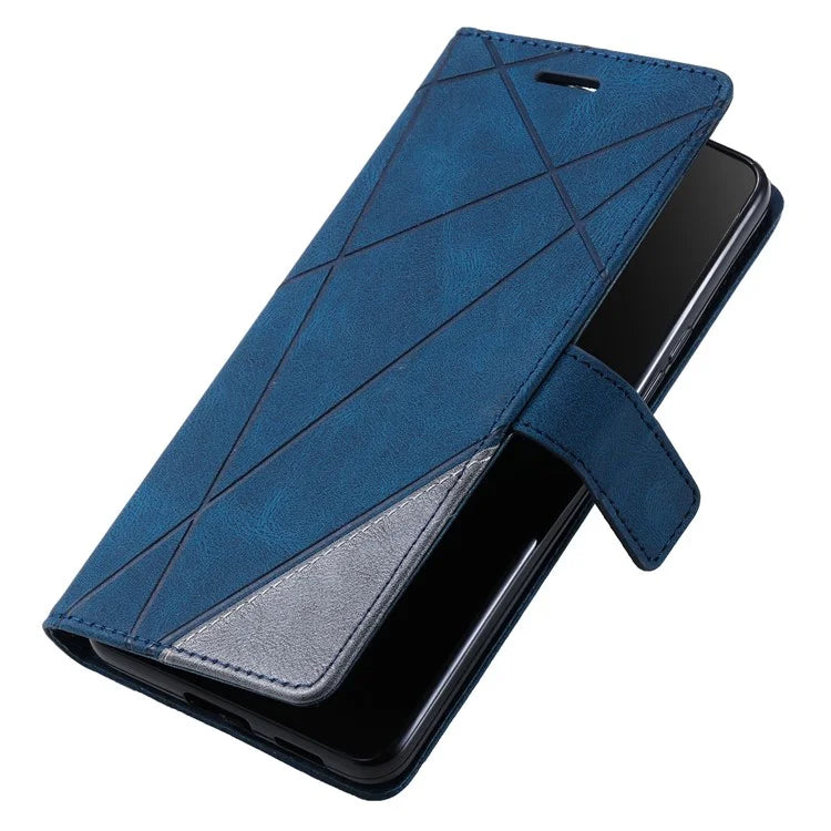 For iPhone 16 Plus Case Imprinted Lines PU Leather Splicing Wallet Phone Cover