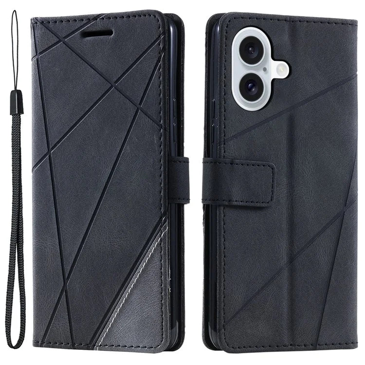 For iPhone 16 Plus Case Imprinted Lines PU Leather Splicing Wallet Phone Cover