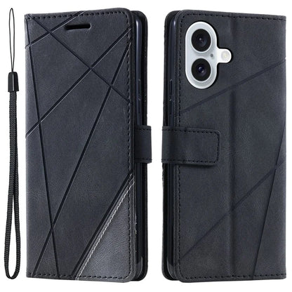 For iPhone 16 Plus Case Imprinted Lines PU Leather Splicing Wallet Phone Cover