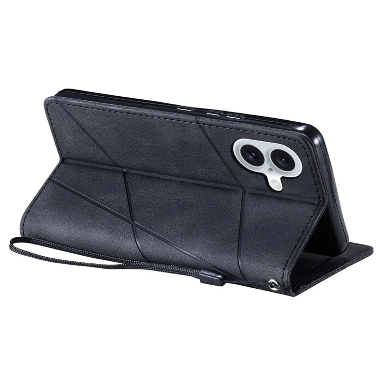 For iPhone 16 Plus Case Imprinted Lines PU Leather Splicing Wallet Phone Cover