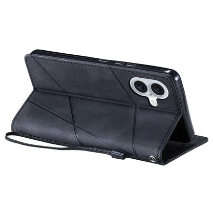 For iPhone 16 Plus Case Imprinted Lines PU Leather Splicing Wallet Phone Cover
