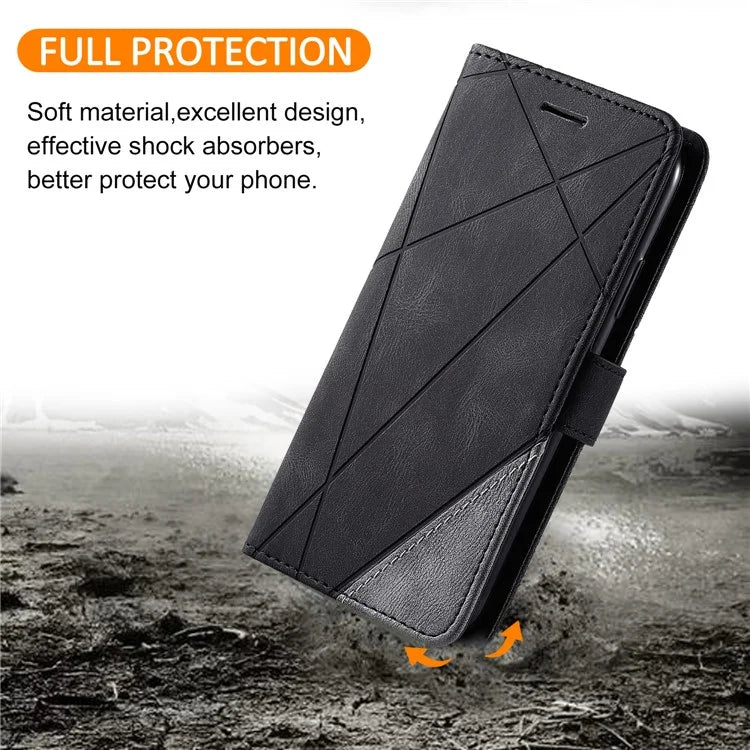 For iPhone 16 Plus Case Imprinted Lines PU Leather Splicing Wallet Phone Cover