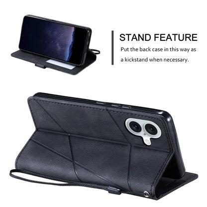 For iPhone 16 Plus Case Imprinted Lines PU Leather Splicing Wallet Phone Cover
