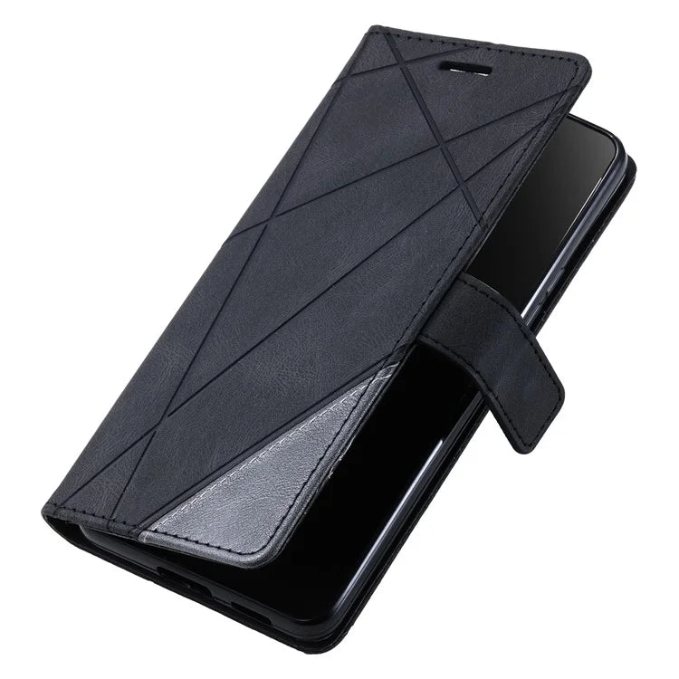For iPhone 16 Plus Case Imprinted Lines PU Leather Splicing Wallet Phone Cover