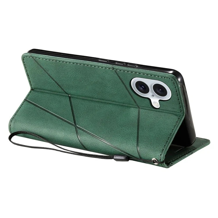 For iPhone 16 Plus Case Imprinted Lines PU Leather Splicing Wallet Phone Cover