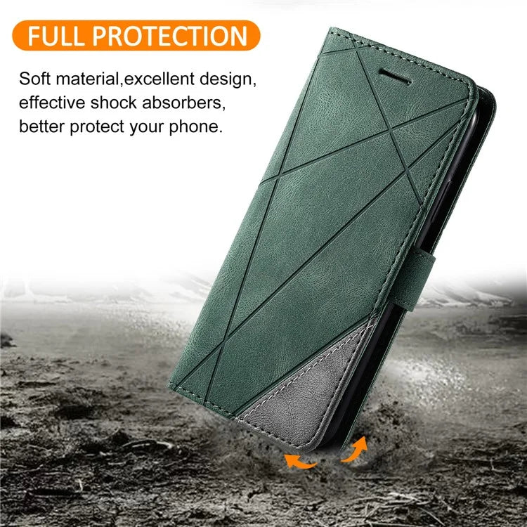 For iPhone 16 Plus Case Imprinted Lines PU Leather Splicing Wallet Phone Cover