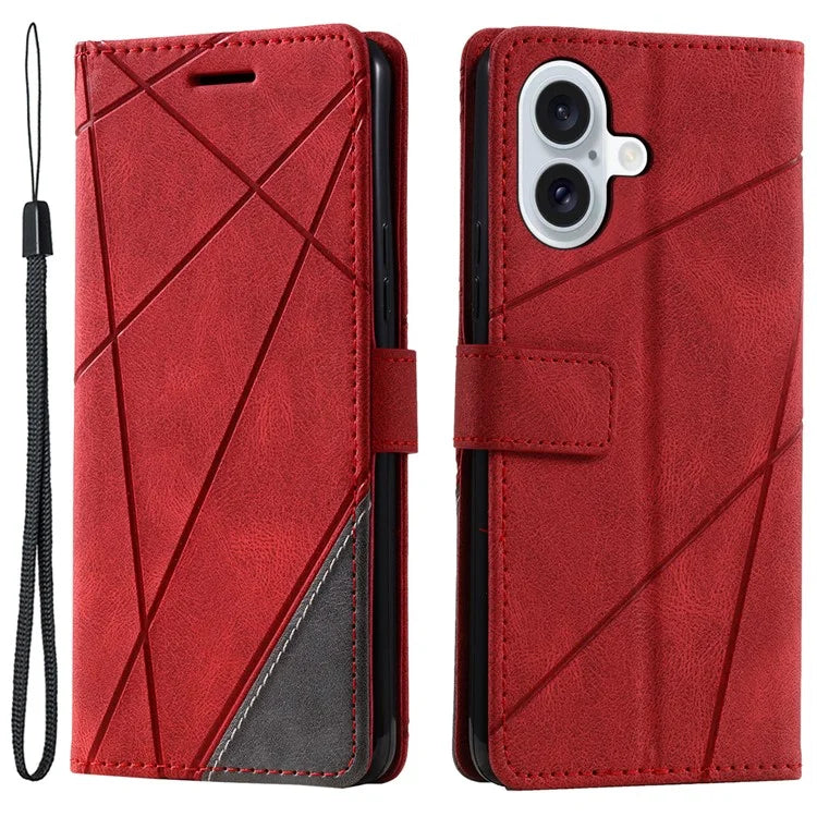 For iPhone 16 Case Imprinted Lines PU Leather Wallet Splicing Phone Cover