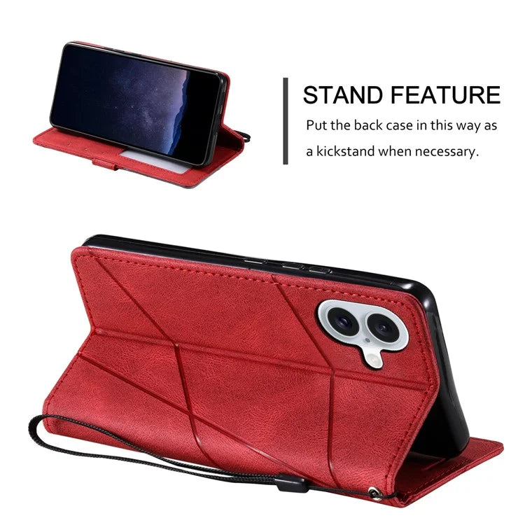 For iPhone 16 Case Imprinted Lines PU Leather Wallet Splicing Phone Cover