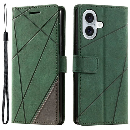 For iPhone 16 Case Imprinted Lines PU Leather Wallet Splicing Phone Cover