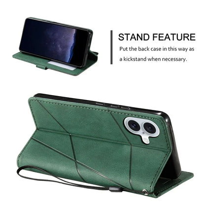 For iPhone 16 Case Imprinted Lines PU Leather Wallet Splicing Phone Cover
