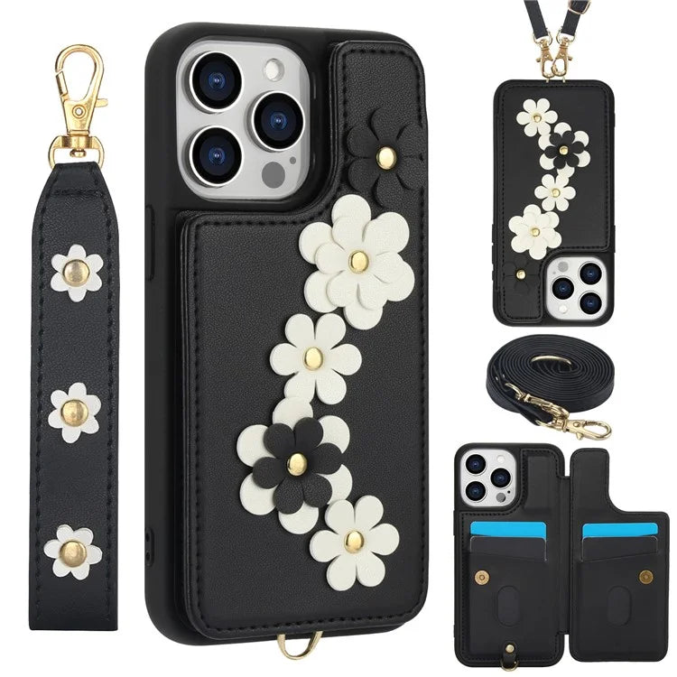 SY-001 For iPhone 15 Pro Max Case Leather Back Phone Cover with Hand Strap + Shoulder Strap