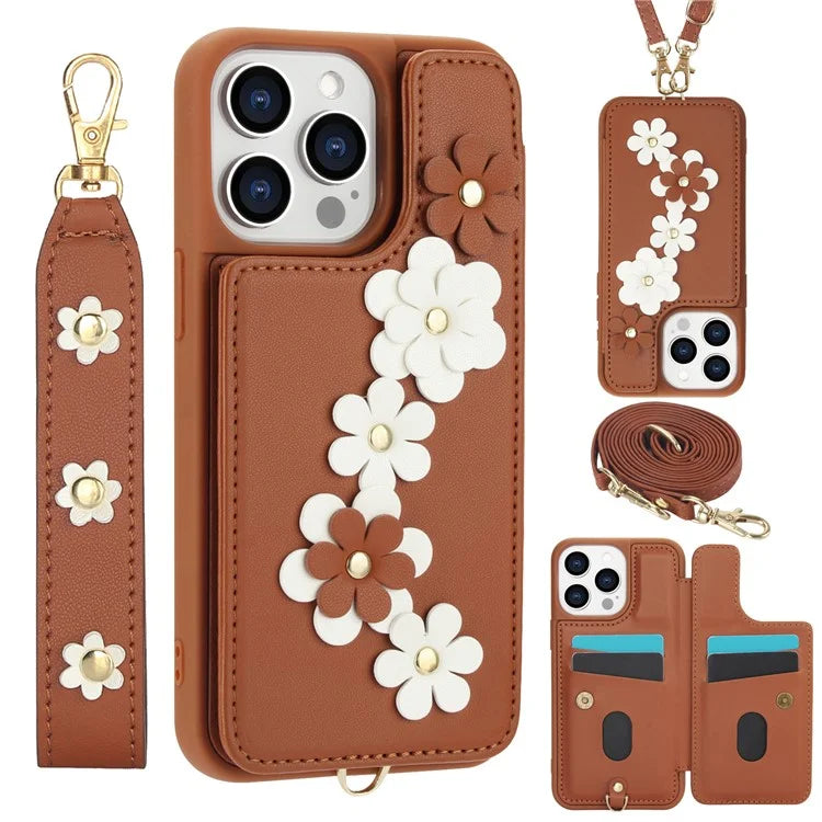 SY-001 For iPhone 15 Pro Max Case Leather Back Phone Cover with Hand Strap + Shoulder Strap