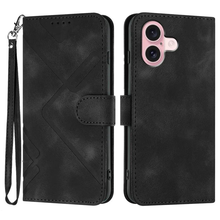 YX0040 For iPhone 16 Case Leather Wallet Flip Phone Cover Geometry Imprinted