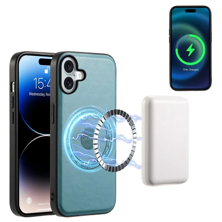 DENIOR A10 for iPhone 16 Case Compatible with MagSafe Cowhide Texture Leather Protective Cover
