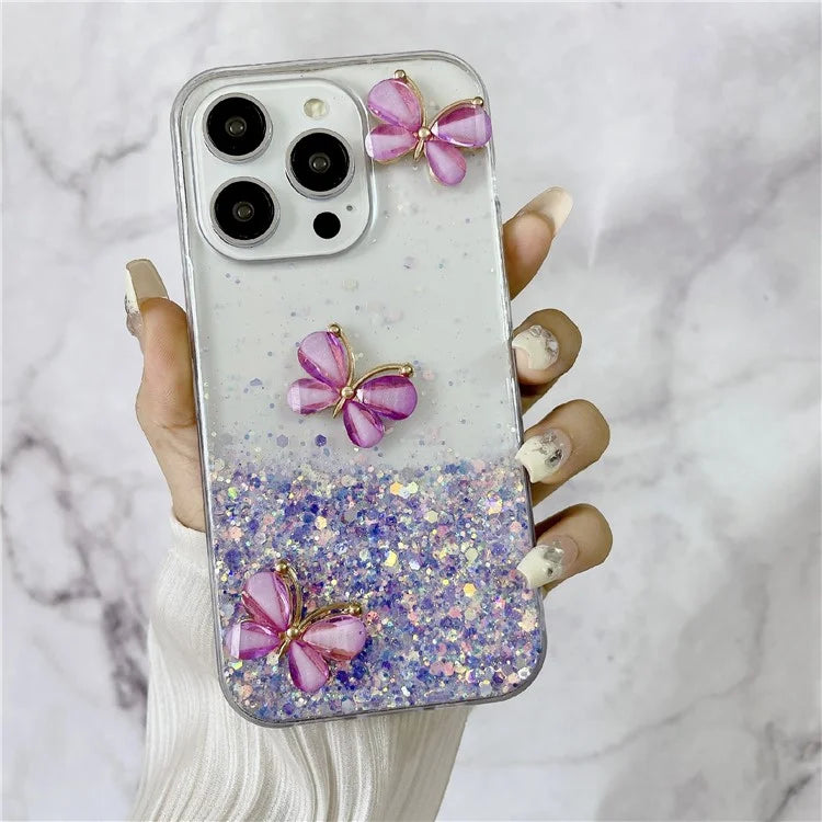 For iPhone 15 Pro Case Luminous Shockproof Epoxy TPU Phone Cover 3D Butterflies
