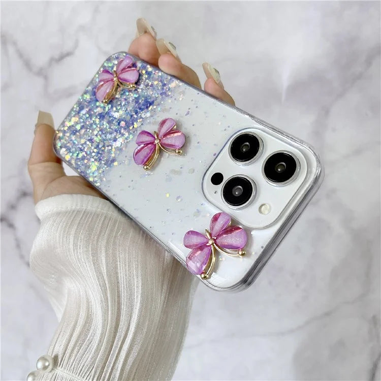 For iPhone 15 Pro Case Luminous Shockproof Epoxy TPU Phone Cover 3D Butterflies