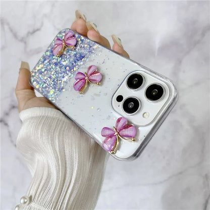 For iPhone 15 Pro Case Luminous Shockproof Epoxy TPU Phone Cover 3D Butterflies