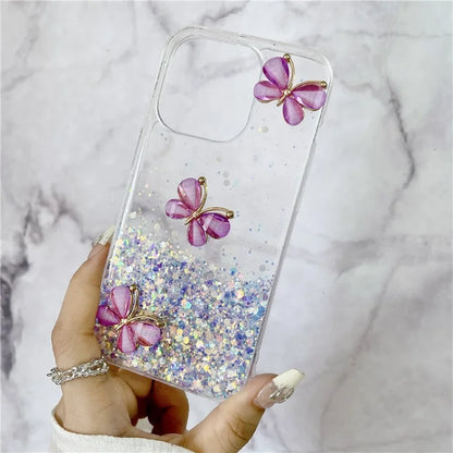 For iPhone 15 Pro Case Luminous Shockproof Epoxy TPU Phone Cover 3D Butterflies