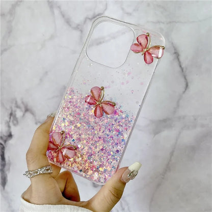 For iPhone 15 Pro Case Luminous Shockproof Epoxy TPU Phone Cover 3D Butterflies