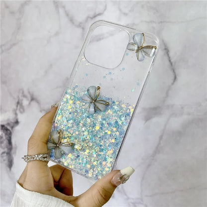 For iPhone 14 Pro Max Case 3D Butterflies Epoxy TPU Phone Cover Luminous Effect