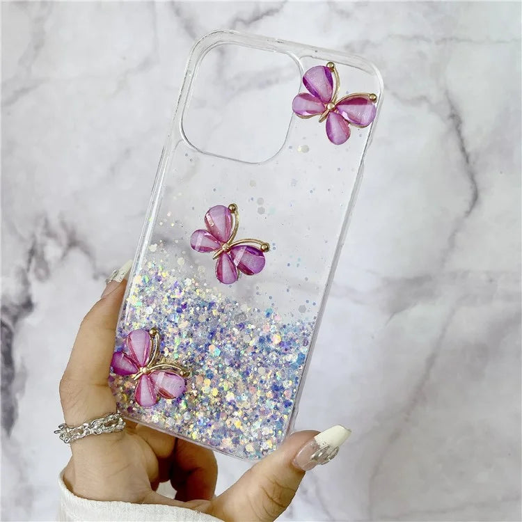 For iPhone 14 Pro Max Case 3D Butterflies Epoxy TPU Phone Cover Luminous Effect
