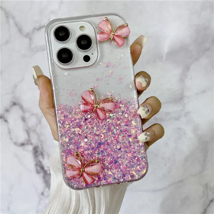 For iPhone 14 Pro Max Case 3D Butterflies Epoxy TPU Phone Cover Luminous Effect