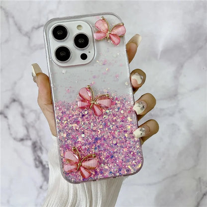 For iPhone 14 Pro Max Case 3D Butterflies Epoxy TPU Phone Cover Luminous Effect