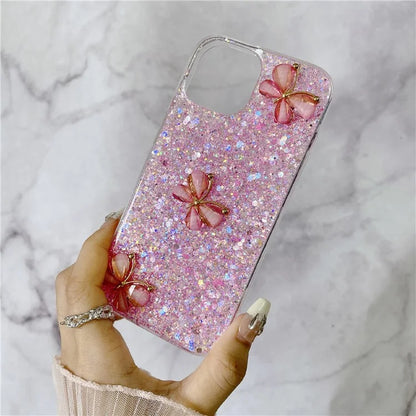 For iPhone 15 Plus Case Epoxy TPU Phone Cover Starry Sequins 3D Butterflies