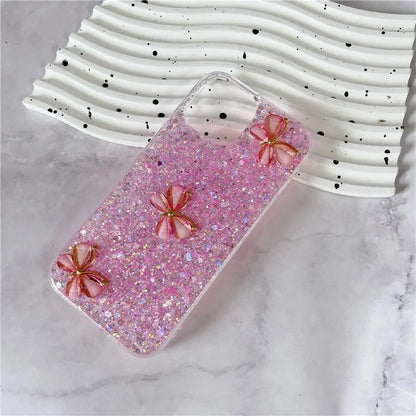 For iPhone 15 Plus Case Epoxy TPU Phone Cover Starry Sequins 3D Butterflies