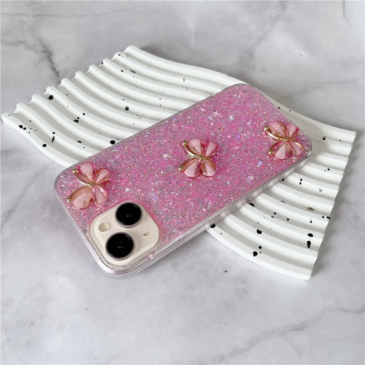 For iPhone 15 Plus Case Epoxy TPU Phone Cover Starry Sequins 3D Butterflies