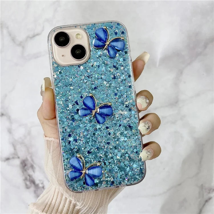 For iPhone 15 Plus Case Epoxy TPU Phone Cover Starry Sequins 3D Butterflies