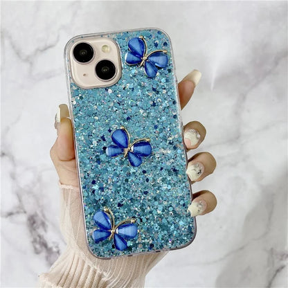 For iPhone 15 Plus Case Epoxy TPU Phone Cover Starry Sequins 3D Butterflies