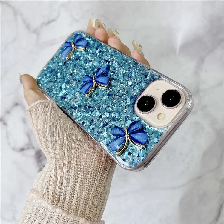 For iPhone 15 Plus Case Epoxy TPU Phone Cover Starry Sequins 3D Butterflies