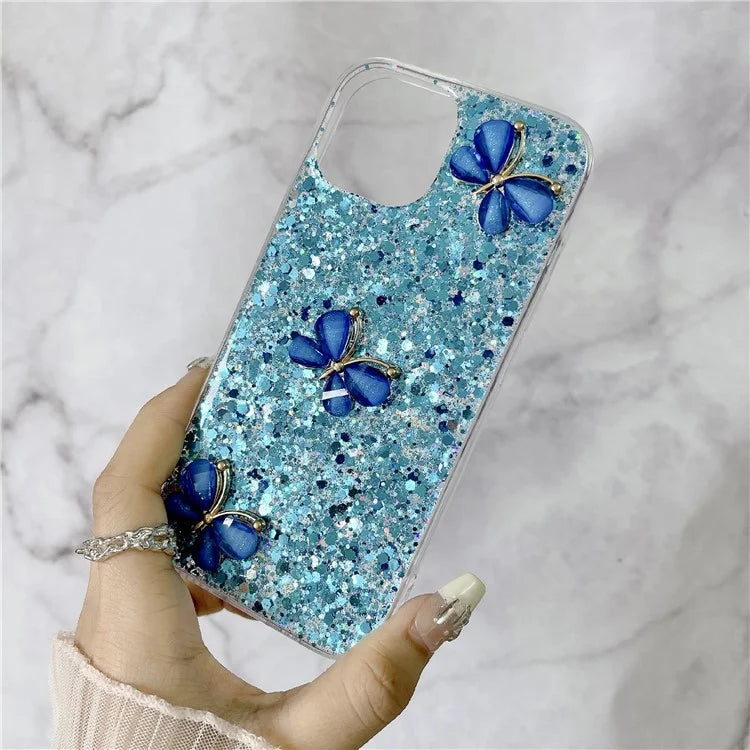 For iPhone 15 Plus Case Epoxy TPU Phone Cover Starry Sequins 3D Butterflies