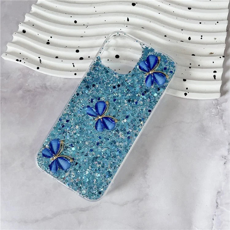 For iPhone 15 Plus Case Epoxy TPU Phone Cover Starry Sequins 3D Butterflies