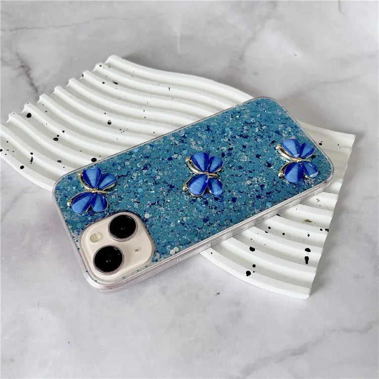 For iPhone 15 Plus Case Epoxy TPU Phone Cover Starry Sequins 3D Butterflies