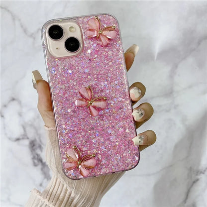 For iPhone 15 Case Glitter Sequin Epoxy TPU Phone Cover with 3D Butterflies