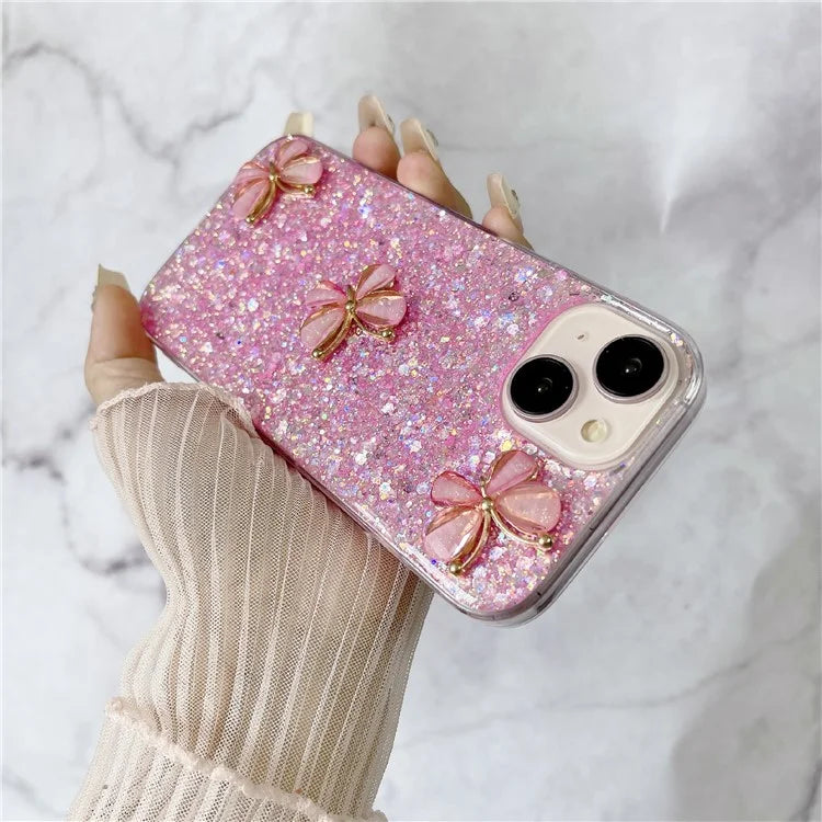 For iPhone 15 Case Glitter Sequin Epoxy TPU Phone Cover with 3D Butterflies