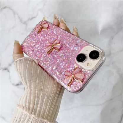 For iPhone 15 Case Glitter Sequin Epoxy TPU Phone Cover with 3D Butterflies