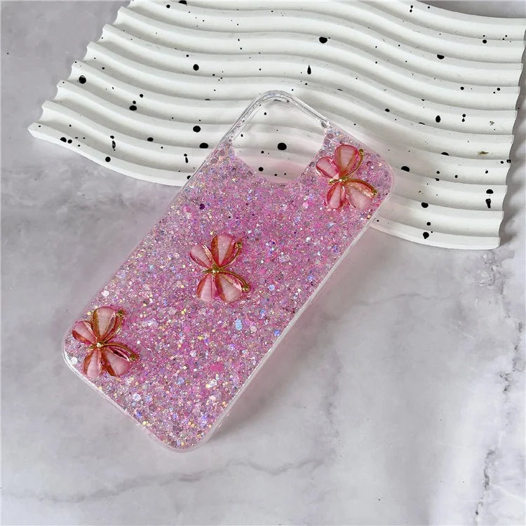 For iPhone 14 Plus Glitter Case 3D Butterflies Epoxy TPU Shockproof Cover