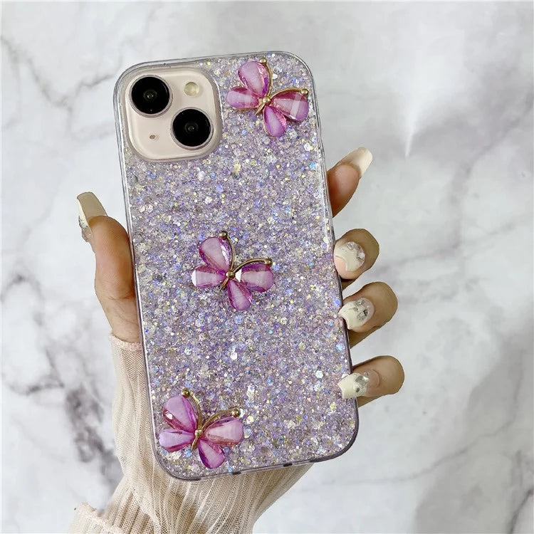 For iPhone 14 Plus Glitter Case 3D Butterflies Epoxy TPU Shockproof Cover