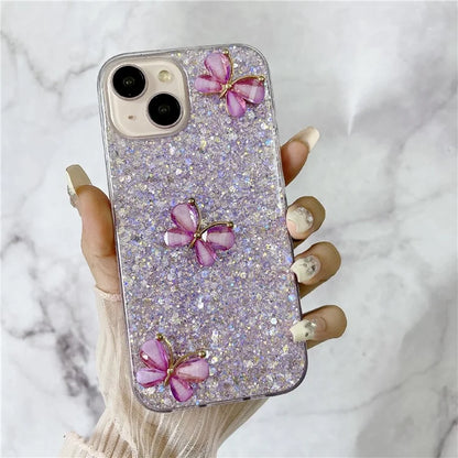 For iPhone 14 Plus Glitter Case 3D Butterflies Epoxy TPU Shockproof Cover