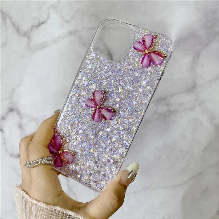 For iPhone 14 Plus Glitter Case 3D Butterflies Epoxy TPU Shockproof Cover