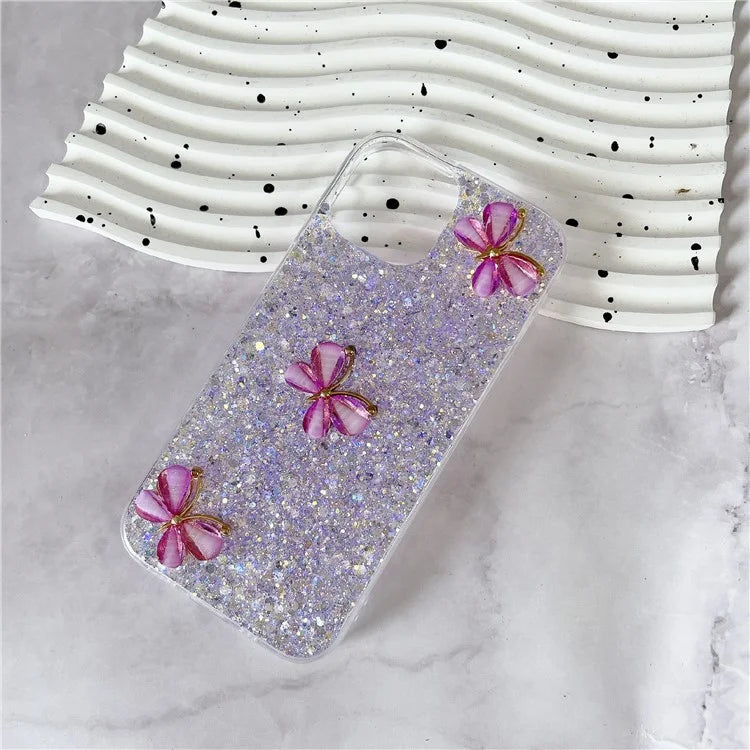 For iPhone 14 Plus Glitter Case 3D Butterflies Epoxy TPU Shockproof Cover