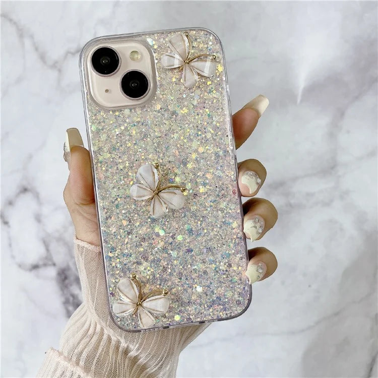 For iPhone 14 Plus Glitter Case 3D Butterflies Epoxy TPU Shockproof Cover